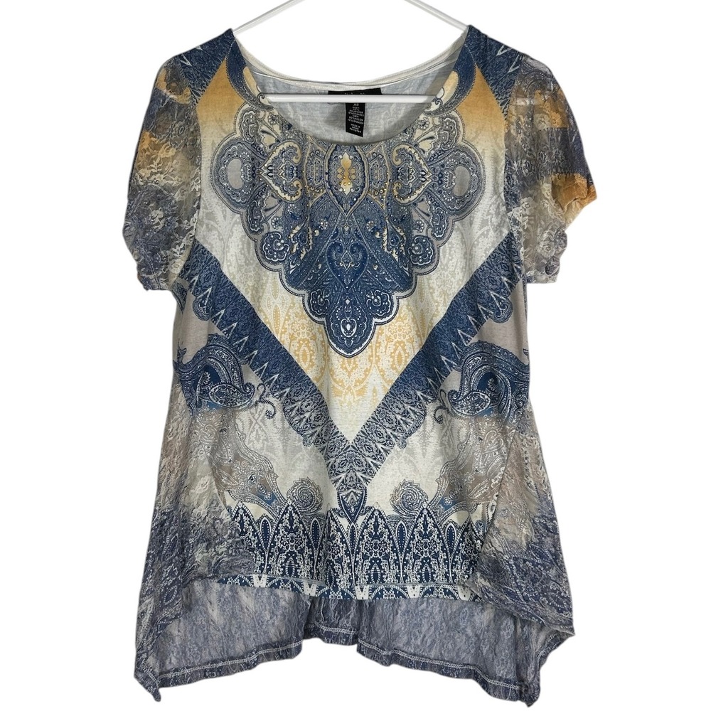 Style & Co Womens XS Paisley Medallion Rhinestone Lace High Low Top Blue Gold
